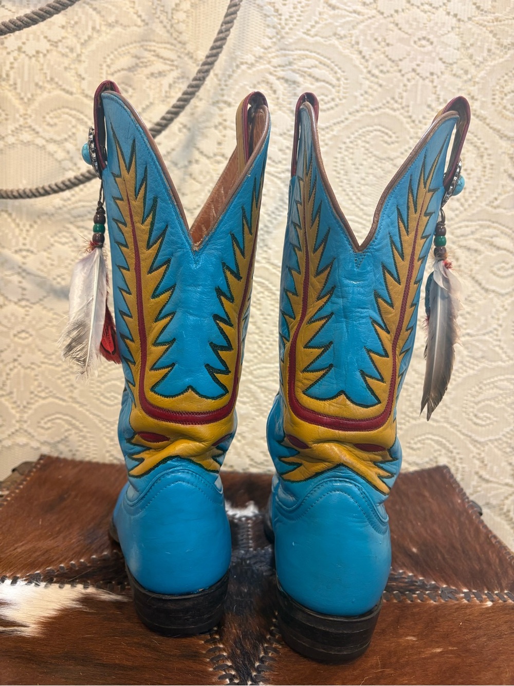 Hand Painted TonyLama Turquoise and Yellow Western Feathered Cowboy Boots size 8 - Picture 6 of 16